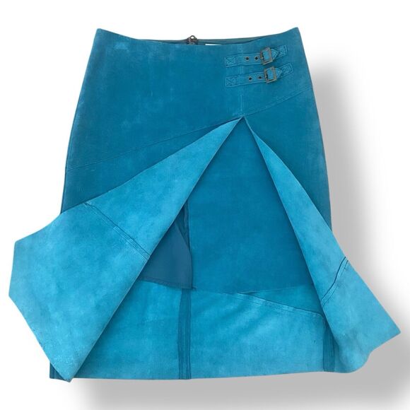 Anthropologie Leifsdottir Women Suede Leather Knee Length Skirt Teal Size 10 - Picture 7 of 14